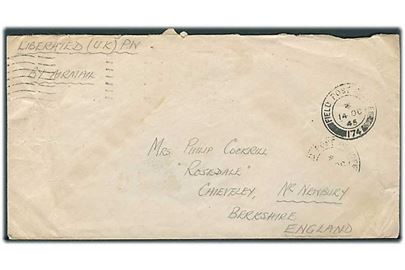 Ufrankeret brev påskrevet Liberated (UK) PoW sendt som luftpost og stemplet Field Post Office 174 (= Egypten) d. 14.10.1945 til Chieveley, England. Fra L/Bdr i 273/80th Anti Tank Regiment R.A. under hjemrejse fra japansk fangenskab. 80th Anti Tank Regiment blev nedkæmpet i Malaya/Singapore i 1942.