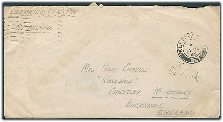 Ufrankeret brev påskrevet Liberated (UK) PoW sendt som luftpost og stemplet Field Post Office 174 (= Egypten) d. 14.10.1945 til Chieveley, England. Fra L/Bdr i 273/80th Anti Tank Regiment R.A. under hjemrejse fra japansk fangenskab. 80th Anti Tank Regiment blev nedkæmpet i Malaya/Singapore i 1942.
