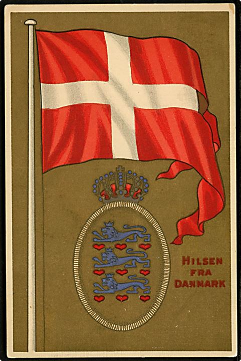 Hilsen fra Danmark med Dannebrog. Sendt uden frimærke til Sverige fra København d. 17.06.1915 og sat i porto med blækannulleret 10 øre Gustav. 