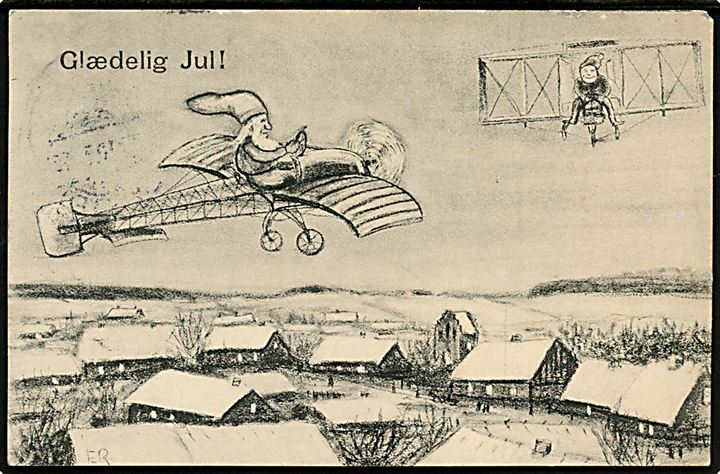 Einar Reenberg: To flymaskiner med nisser. U/no. Dateret i Hvidbjerg med 5 øre Fr. VIII annulleret
bureau Struer-Thisted T.11069 d. 22.12.1910 til Lemvig. 