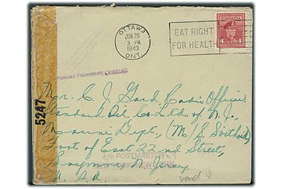 4 c. George VI på brev fra Ottawa d. 28.6.1943 til Radio Officer ombord på tankskibet M/S Svithoid c/o Standard Oil Co., New York, USA - eftersendt til skibet med flere stempler. Åbnet af amerikansk censur.