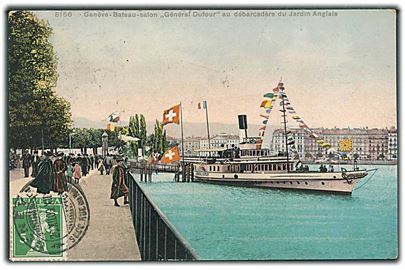 5 c. på billedside af brevkort sendt som tryksag fra Genéve d. 20.12.1909 til Daugaard, Danmark. Stort T stempel og udtakseret i 8 øre dansk porto.