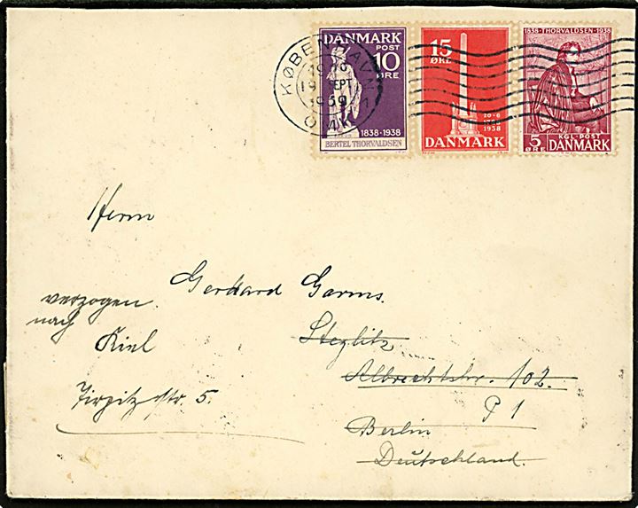 Komplet sæt Thorvaldsen på brev fra København d. 19.9.1939 til Berlin, Tyskland - eftersendt til Kiel. Åbnet af tysk toldkontrol i Kiel.