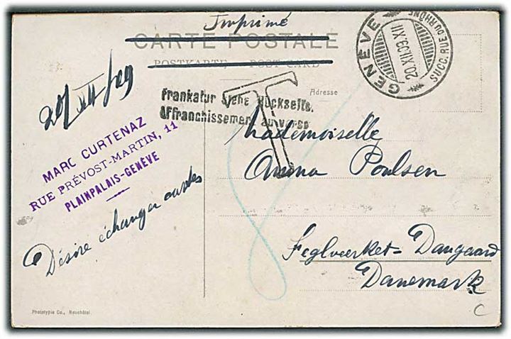 5 c. på billedside af brevkort sendt som tryksag fra Genéve d. 20.12.1909 til Daugaard, Danmark. Stort T stempel og udtakseret i 8 øre dansk porto.