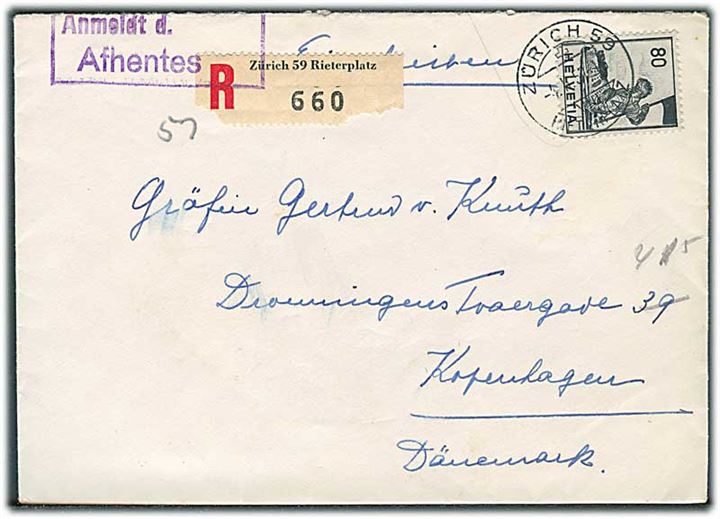 80 c. single på anbefalet brev fra Zürich d. 4.2.1957 til København, Danmark.