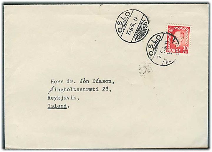 30 øre Haakon single på brev fra Oslo d. 25.6.1954 til Reykjavik, Island.