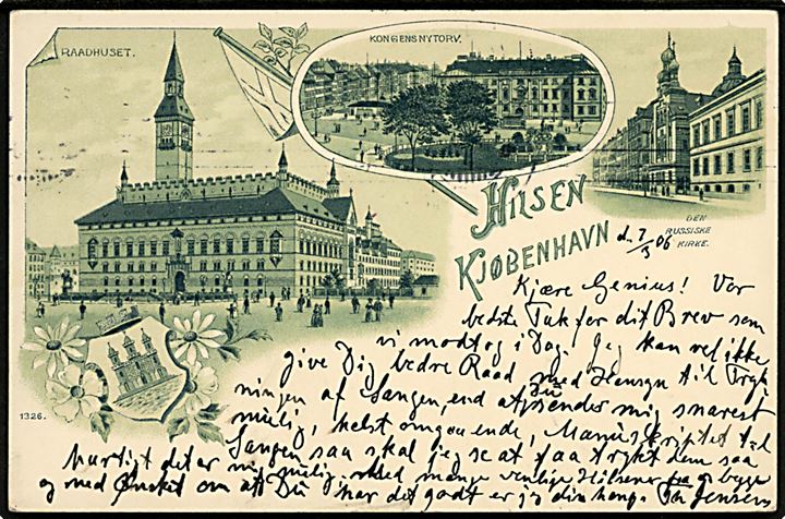 Købh., Hilsen fra med Raadhuset, Kongens Nytorv og Den russiske Kirke. No. 1326. 