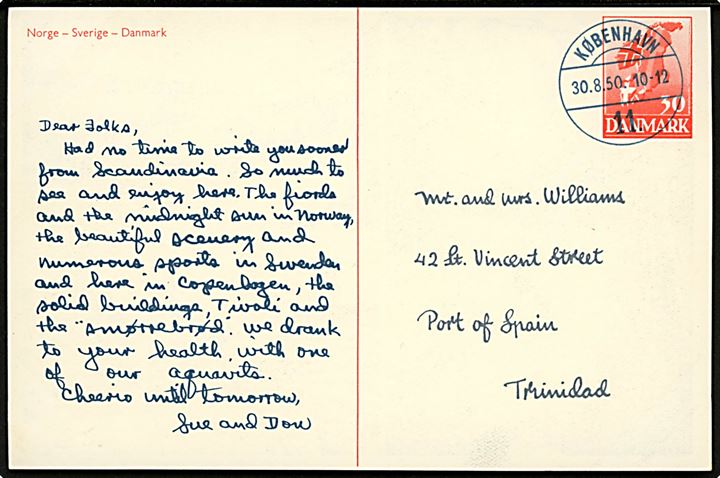 (30) øre fortrykt reklame-brevkort fra København d. 30.8.1950 til Post of Spain, Trinidad. Ikke postal.