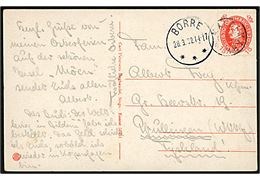 15 øre Chr. X 60 år på brevkort annulleret med udslebet stjernestempel MANDEMARK og sidestemplet Borre d. 28.3.1932 til Tyskland.
