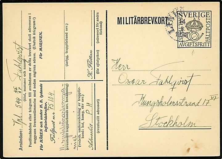 Militärbrevkort fra Linköping d. 14.9.1938 til Stockholm. Sendt fra værnepligtig ved 11. Sjukbärarkompaniet, Fältpost 75104 Litra PH. 