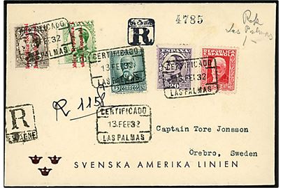 Blandingsfrankeret kuvert fra Svensk Amerika Linie sendt anbefalet fra Las Palmas d. 13.2.1932 til Örebro, Sverige.