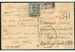 5 cts. (ombøjet) og 40 cts. Franco på brevkort fra Barcelona d. 19.4.1940 til særlig fransk feltpostadresse Secteur Postal 390 (= benyttet af sikkerhedsgrunde på feltpost som sendes til/fra udlandet) og omadresseret med stempel: A diriger sur le Secteur Postale No.... tilføjet 6378. Spansk censur fra Barcelona. 