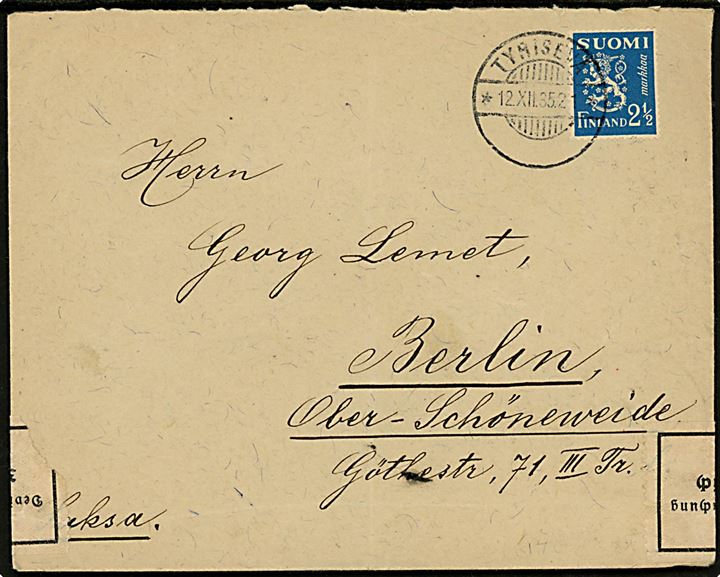 2½ mk. Løve single på brev fra Tyrisevä d. 12.12.1935 til Berlin, Tyskland. Åbnet af tysk toldkontrol i Berlin-Oberschöneweide d. 16.12.1935.