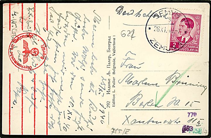 2 din. Peter II på brevkort (Beograd Messen) fra Zemun d. 26.11.1940 til Berlin, Tyskland. Tysk censur.