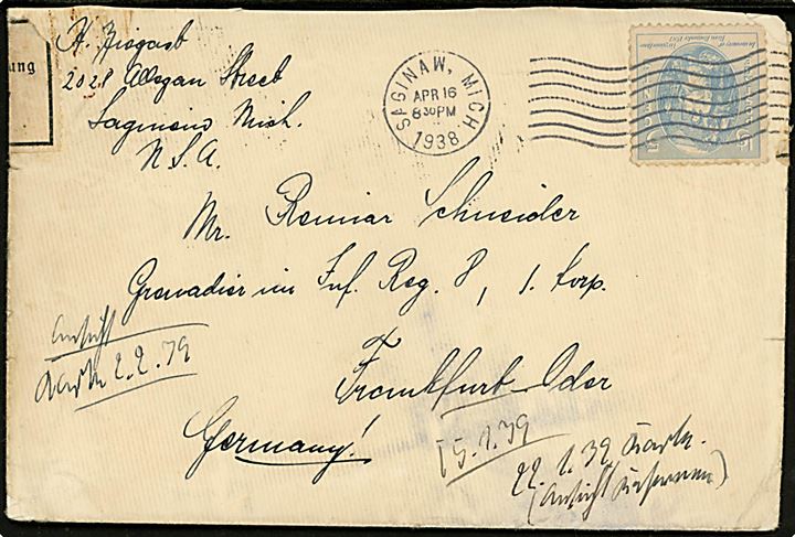 5 cents på brev fra Saginaw d. 16.4.1938 til tysk militæradresse: Inf. Reg. 8, Frankfurt a/Oder, Tyskland. Åbnet af tysk toldkontrol.
