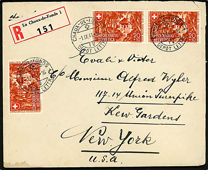 20+10 c. Forbundsfest (3) på anbefalet brev fra La Chaux-de-Fonds d. 1.9.1941 til New York, USA. På bagsiden ank.stemplet i Kew Gardens, New York d. 21.10.1941
