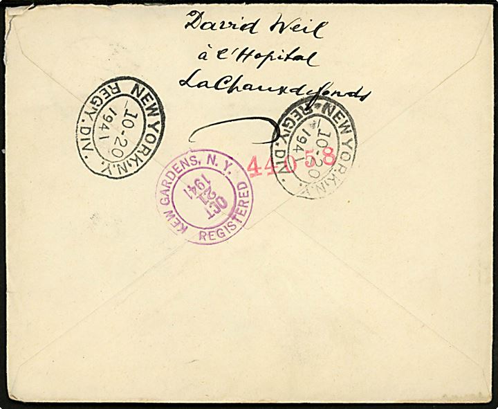 20+10 c. Forbundsfest (3) på anbefalet brev fra La Chaux-de-Fonds d. 1.9.1941 til New York, USA. På bagsiden ank.stemplet i Kew Gardens, New York d. 21.10.1941