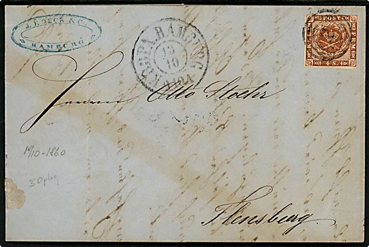 4 sk. 1858 udg. 3. tryk på brev annulleret med nr.stempel 2 og sidestemplet antiqua K.D.O.P.A. Hamburg d. 13.10.1860 via bureau Slesv. P. SP.BUR. I T.1 d. 14.10.1860 til Flensburg.