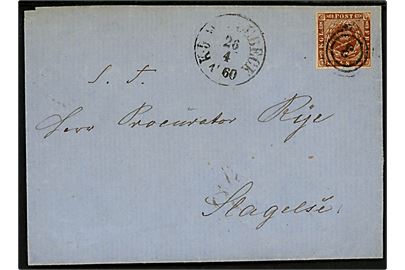 4 sk. 1858 udg. 2.tryk c på brev annulleret med nr.stempel 3 og sidestemplet antiqua K.D.O.P.A. Lübeck d. 26.4.1860 til Slagelse. 