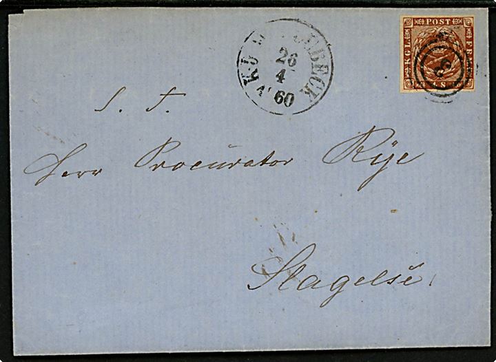 4 sk. 1858 udg. 2.tryk c på brev annulleret med nr.stempel 3 og sidestemplet antiqua K.D.O.P.A. Lübeck d. 26.4.1860 til Slagelse. 