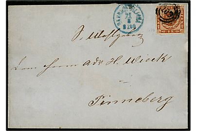 4 sk. 1858 udg. 5.tryk b vm. II på brev annulleret med nr.stempel 163 og sidestemplet blåt lapidar Bahnhof Altona d. 21.8.1862 til Pinneberg. 
