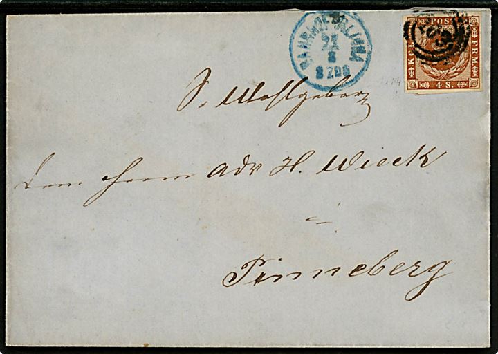4 sk. 1858 udg. 5.tryk b vm. II på brev annulleret med nr.stempel 163 og sidestemplet blåt lapidar Bahnhof Altona d. 21.8.1862 til Pinneberg. 
