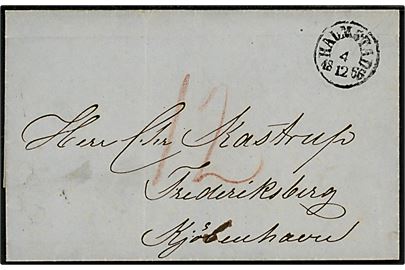1866. Portobrev fra Halmstad d. 4.12.1866 til Frederiksberg pr. Kjøbenhavn, Danmark. Ank.stemplet 34/KBH.JB.PST.CT. d. 5.12.1866 og udtakseret i 12 sk. porto.