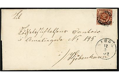 4 sk. 1858 udg. på brev annulleret med svagt nr.stempel 35 og sidestemplet antiqua Kjøge d. 12.3.1862 til Kjøbenhavn.