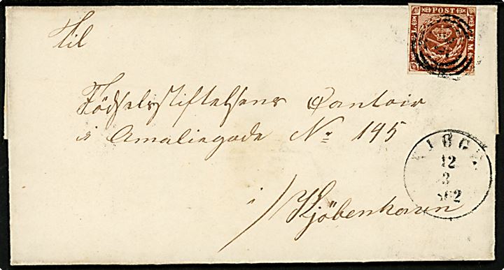 4 sk. 1858 udg. på brev annulleret med svagt nr.stempel 35 og sidestemplet antiqua Kjøge d. 12.3.1862 til Kjøbenhavn.