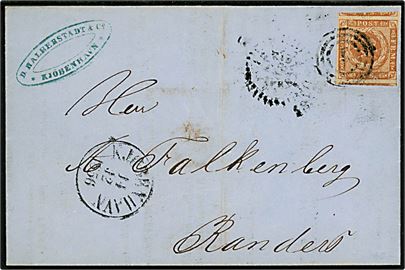 4 sk. 1854 udg. på brev med markedsberetning fra handelshuset D. Halberstadt & Co. annulleret med nr.stempel 1 og sidestemplet både kompasstempel og antiqua Kjøbenhavn d. 14.12.1856 til Randers.