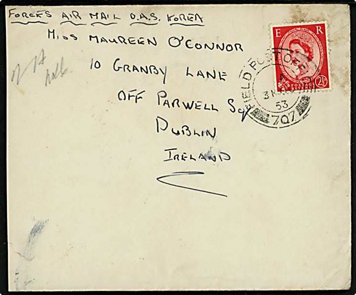2½d Elizabeth på fortrykt kuvert mærket Forces Air Mail O.A.S. Korea annulleret Field Post Office 707 (= Korea) d. 3.11.1953 til Dublin, Ireland. Sendt fra trooper ved C Squadron, 1st Royal Tank Regiment, B.A.P.O. 3 Korea. 