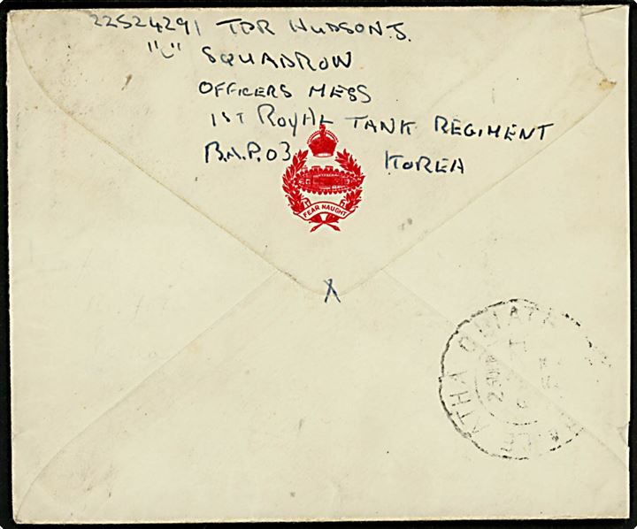 2½d Elizabeth på fortrykt kuvert mærket Forces Air Mail O.A.S. Korea annulleret Field Post Office 707 (= Korea) d. 3.11.1953 til Dublin, Ireland. Sendt fra trooper ved C Squadron, 1st Royal Tank Regiment, B.A.P.O. 3 Korea. 