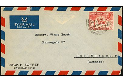 40 fils single på luftpostbrev fra Baghdad d. 14.2.1951 til København, Danmark.