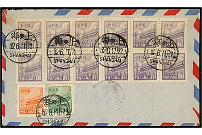 200 $, 800 $ og 1000 $ (12) på bagsiden af luftpostbrev fra Shanghai d. 11.6.1952 via canton d. 14.6.1952 til Risskov, Danmark.