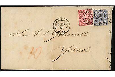 Norddeutscher Postbezirk 1 gr. og 2 gr. stukken kant på brev fra Hamburg I.A. d. 20.11.1868 via svensk bureau PKXP No. 11 (= Helsingborg - Eslöv) d. 21.11.1868 til Ystad, Sverige.