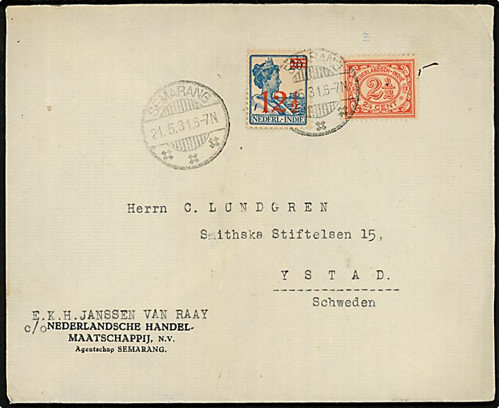2½ c. Ciffer og 12½/20 c. Provisorium på brev fra Semarang d. 21.5.1931 til Ystad, Sverige. Et mærke ombøjet ved annullering.