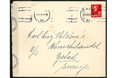20 øre Løve på brev fra Oslo d. 2.3.1942 til Ystad, Sverige. Åbnet af tysk censur i Oslo.