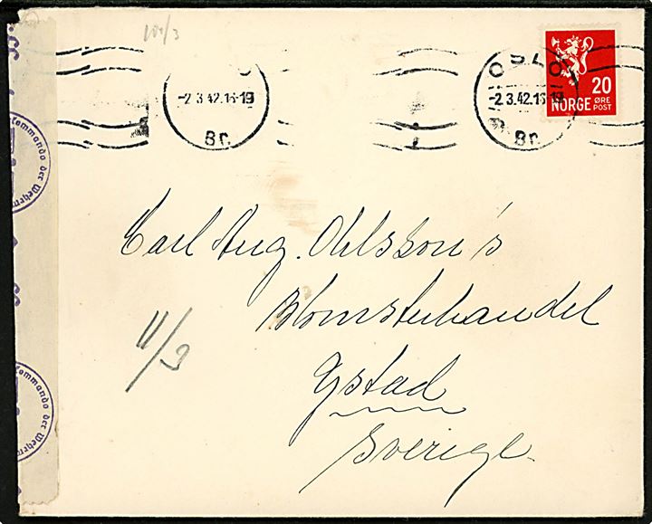 20 øre Løve på brev fra Oslo d. 2.3.1942 til Ystad, Sverige. Åbnet af tysk censur i Oslo.