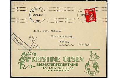 20 øre Løve på brev fra blomsterhandel i Oslo d. 7.12.1940 til Ystad, Sverige. Åbnet af tysk censur i Oslo. Rammestempel Fleuropordre. 