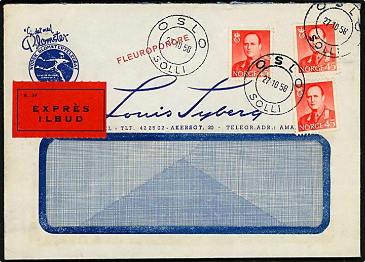 45 øre Olav (3) på rudekuvert mærket FLEUROPORDRE sendt som ekspres fra Oslo Solli d. 27.10.1958.