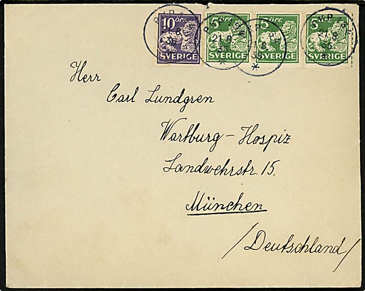 5 öre (3) og 10 öre Løve på brev fra Ystad annulleret med bureaustempel PKP 164 (= Malmö - Ystad) d. 21.8.1935 til München, Tyskland.