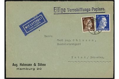 10 pfg. og 25 pfg. på luftpostbrev fra Hamburg d. 14.11.1942 til Ystad, Sverige. Åbnet af tysk censur i Hamburg.