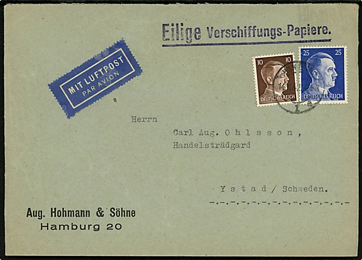10 pfg. og 25 pfg. på luftpostbrev fra Hamburg d. 14.11.1942 til Ystad, Sverige. Åbnet af tysk censur i Hamburg.