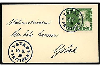5 öre Postjubilæum på lille lokalbrev annulleret med særstempel Ystad *Fritiden* d. 19.6.1936.