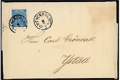 12 öre Våben single på brev fra Stockholm d. 8.5.1863 til Ystad.
