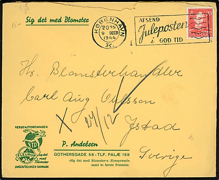 20 øre Chr. X på brev fra København d. 9.12.1944 til Ystad, Sverige. Åbnet af Sønderborg-censuren med dansk banderole stemplet Zensurstelle k