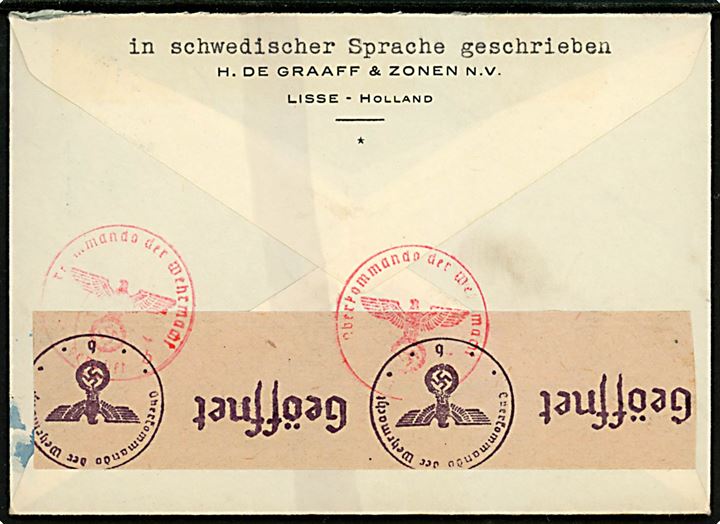12½ c. Søhelt på brev fra Lisse d. 20.6.1944 til Ystad, Sverige. Åbnet af tysk censur i Berlin med spor efter kemisk kontrol.