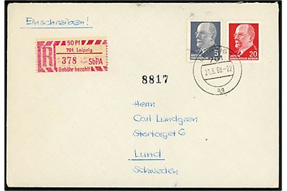 5 pfg., 20 pfg. Ulbricht og særlig 50 pfg. selvregistrerings Rec.-etiket på anbefalet brev fra Leipzig d. 27.5.1968 til Lund, Sverige.