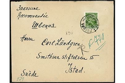 28 kop. Røde Armée 10 år single på anbefalet brev fra Moskva d. 25.2.1930 til Ystad, Rusland. På bagsiden Samlerkontrolmærke.