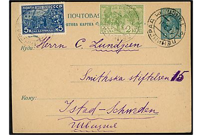 3 kop. helsagsbrevkort opfrankeret med 7 kop. fra Leningrad d. 17.9.1931 til Ystad, Sverige.